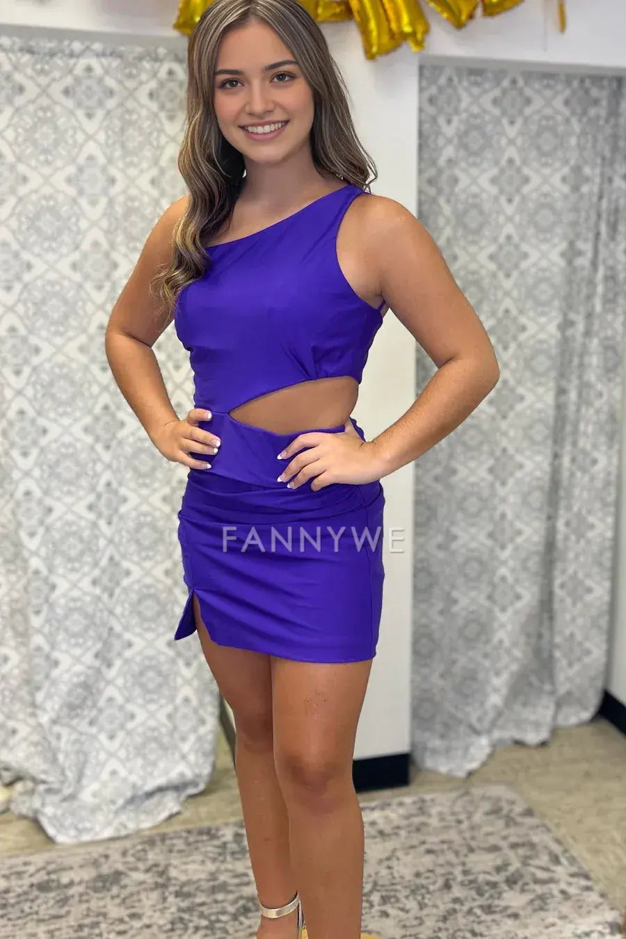 FannyWe Einfaches Regency One-Shoulder Cutout Kurzes Partykleid Abendgarderobe